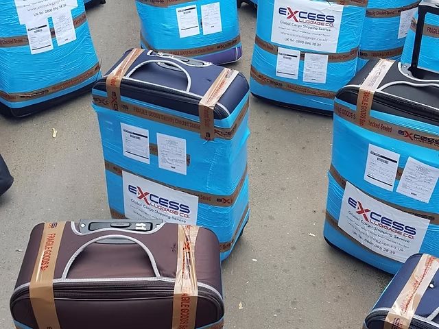 Suitcases and boxes professionally wrapped in Excess Luggage Co. branded packaging