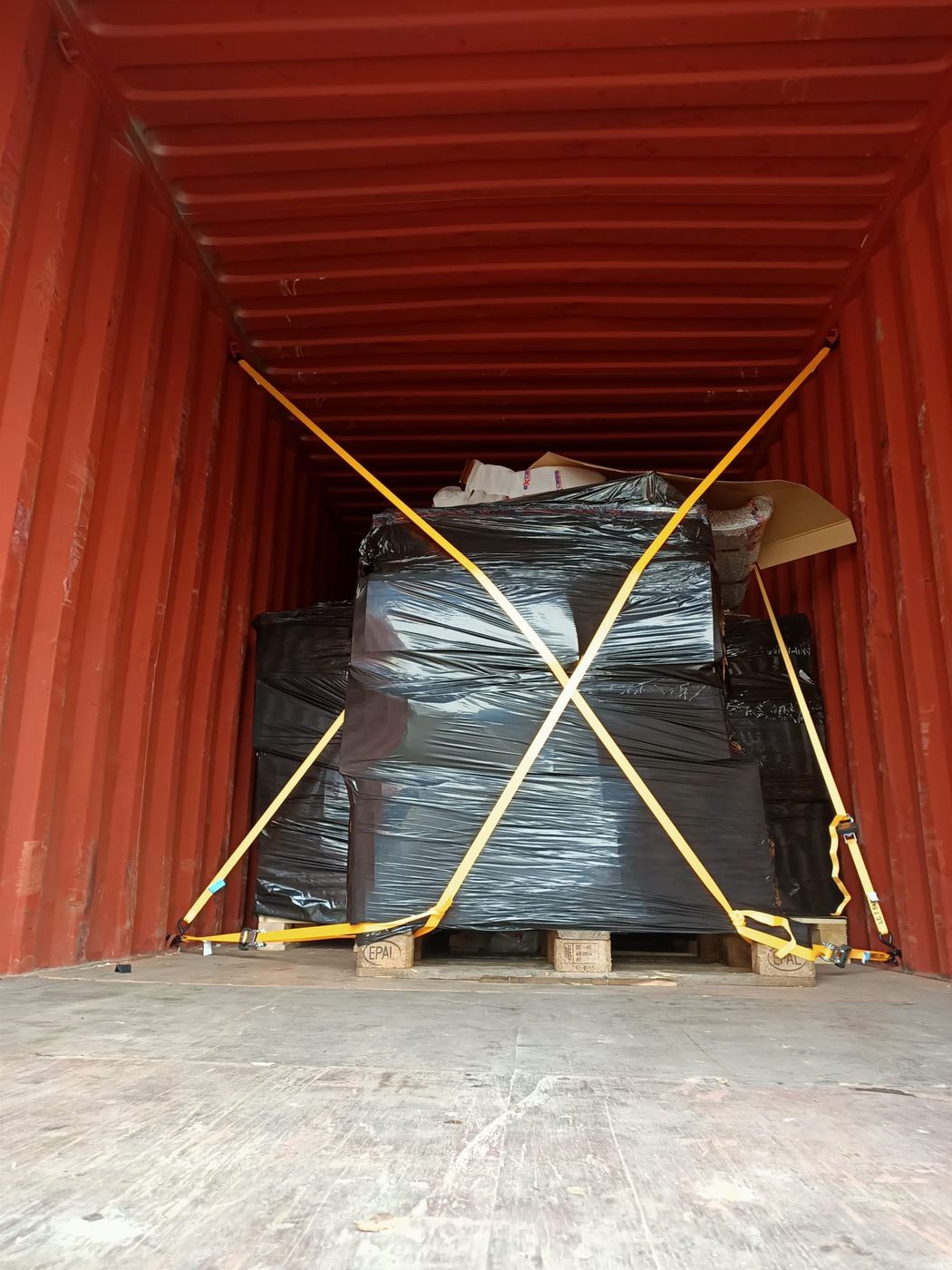 Cargo strapped and secured inside a sea container