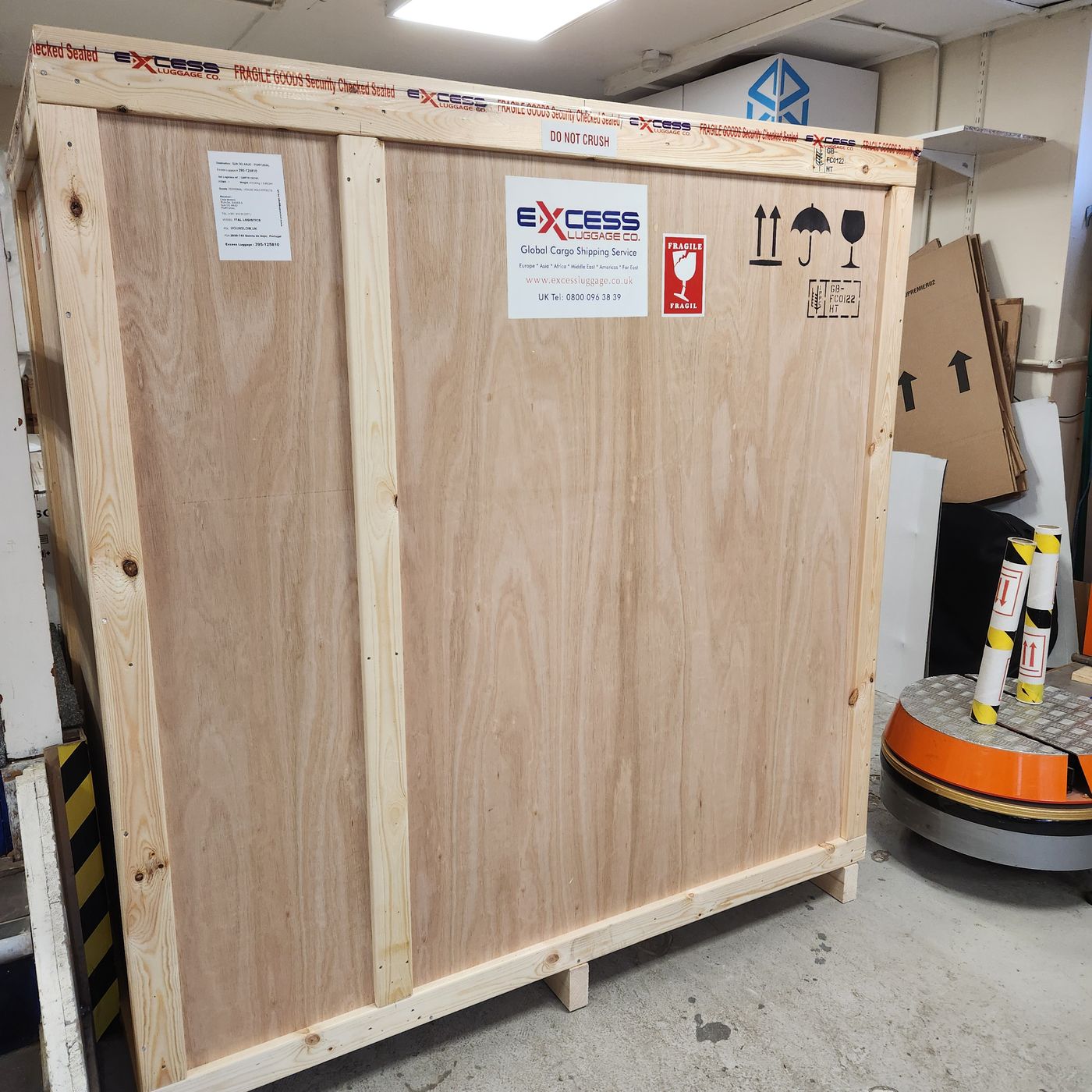 Household goods packed into a timber shipping crate