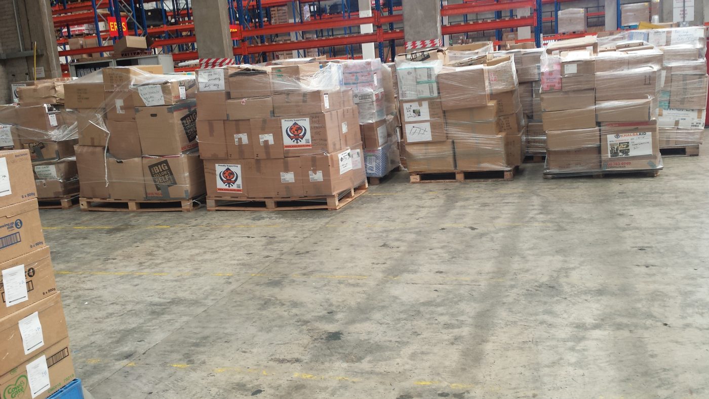 Humanitarian aid cargo prepared for shipping to Nepal