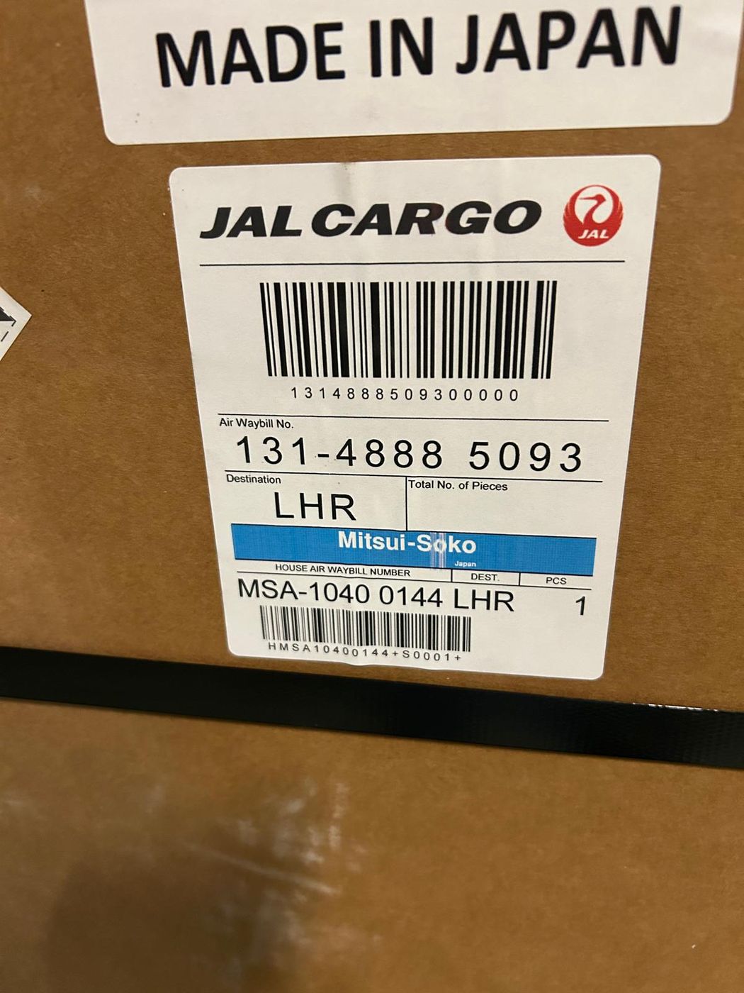 Air waybill label on a shipment consigned to Japan